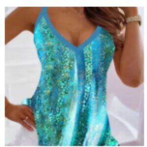 Plus Size Geometric Print V Neck Slingback Cami Top - Soft Slight Stretch